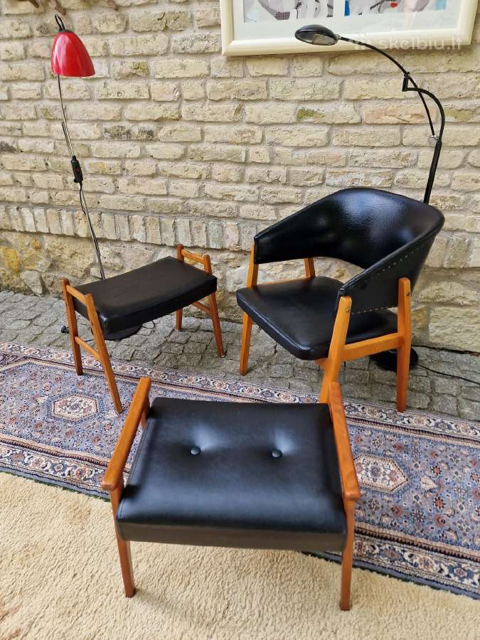 Vintažinis mid century odinis krėslas ir pufai - nuotraukos Nr. 31