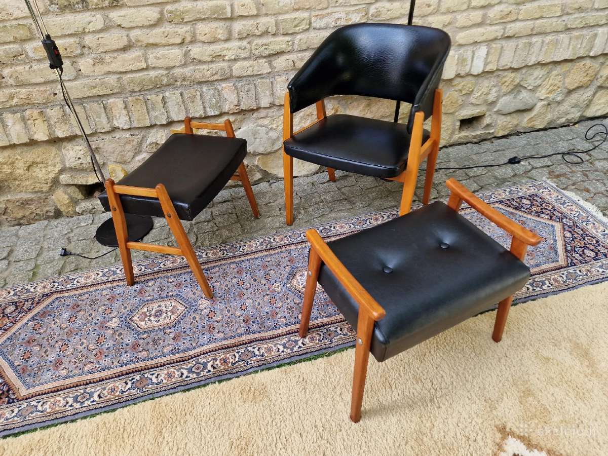 Vintažinis mid century odinis krėslas ir pufai - nuotraukos Nr. 33