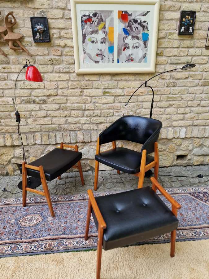 Vintažinis mid century odinis krėslas ir pufai - nuotraukos Nr. 34