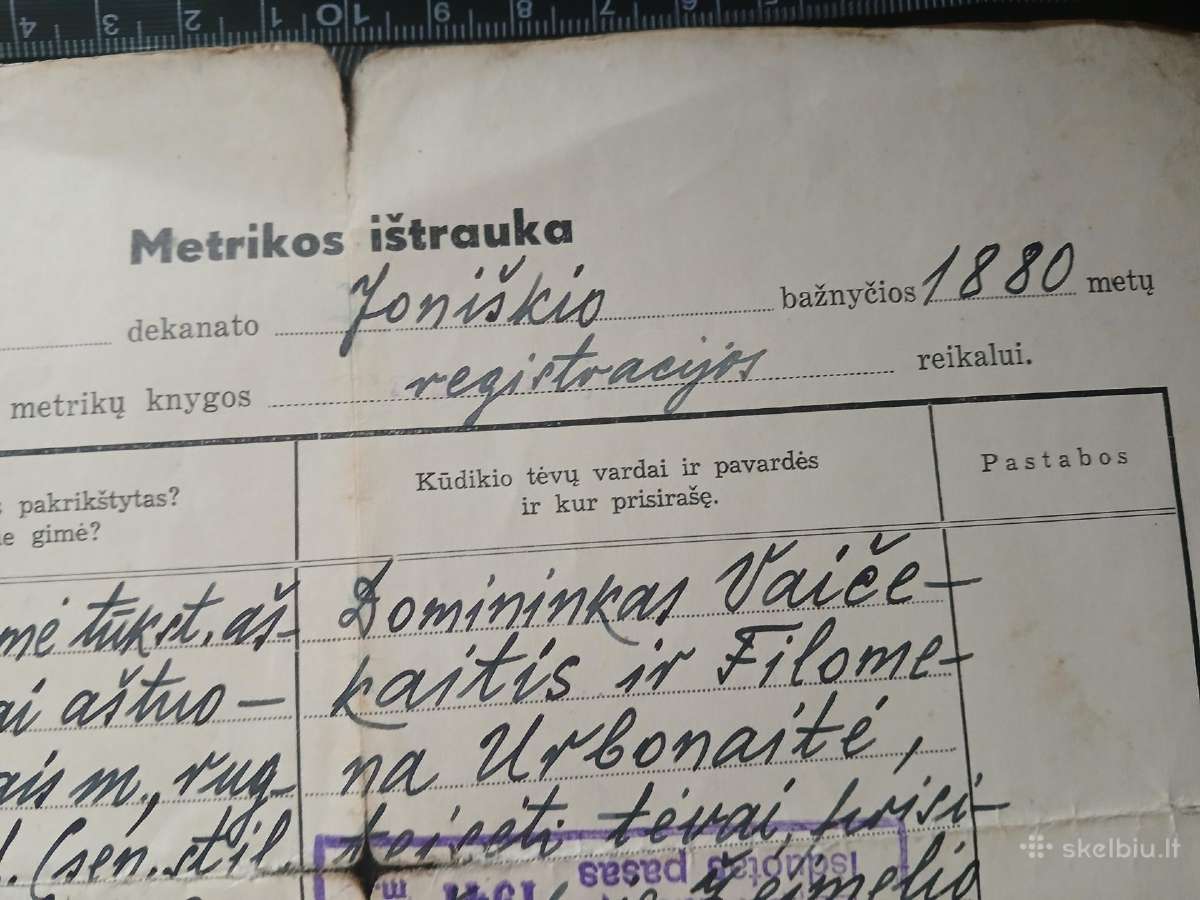 Senas dokumentas.metrikos ištrauka 1880m - nuotraukos Nr. 2