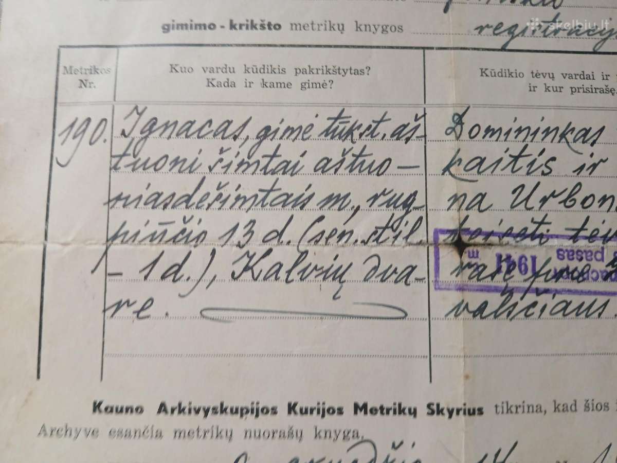 Senas dokumentas.metrikos ištrauka 1880m - nuotraukos Nr. 3