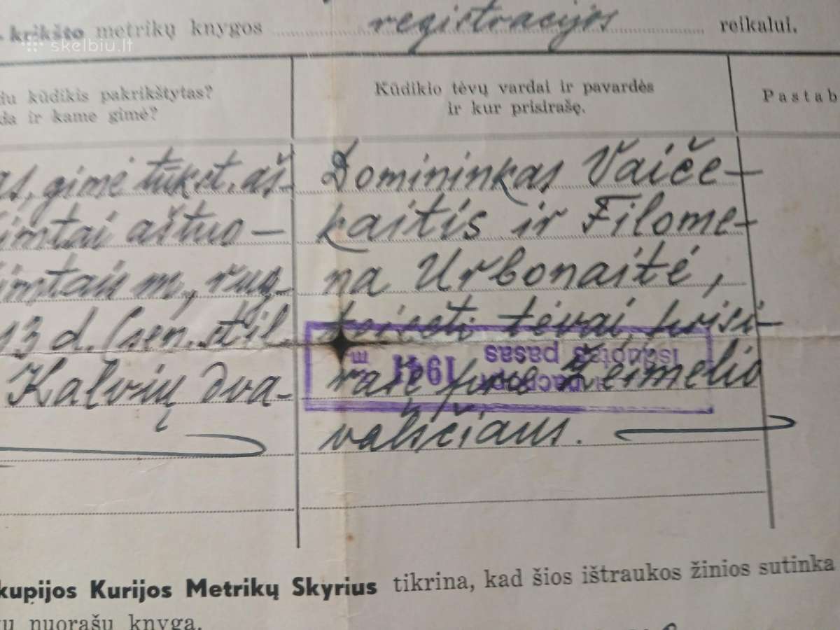 Senas dokumentas.metrikos ištrauka 1880m - nuotraukos Nr. 4