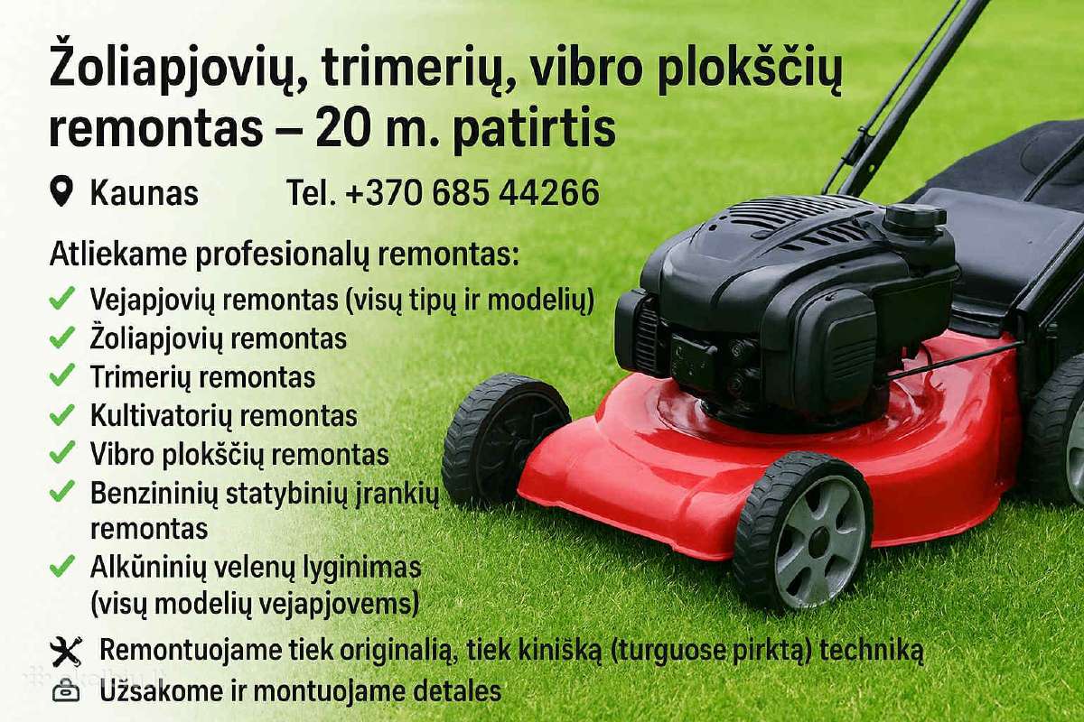 Žoliapjovių, pjūklu, vibro plokštės remontas