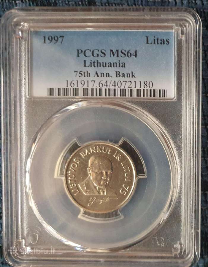 1 litas 1997„lb ir litui 75 (Jurgutis) Pcgs Ms64