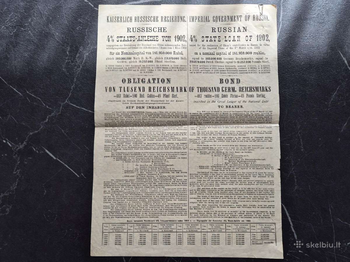 Carinė 1902 m. 1000 markių obligacija. - nuotraukos Nr. 3