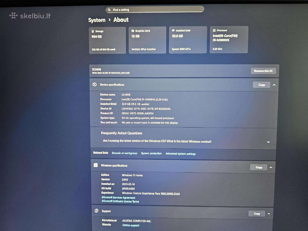 Asus Rog Strix Scar G18 Rtx 4080 240z - nuotraukos Nr. 2