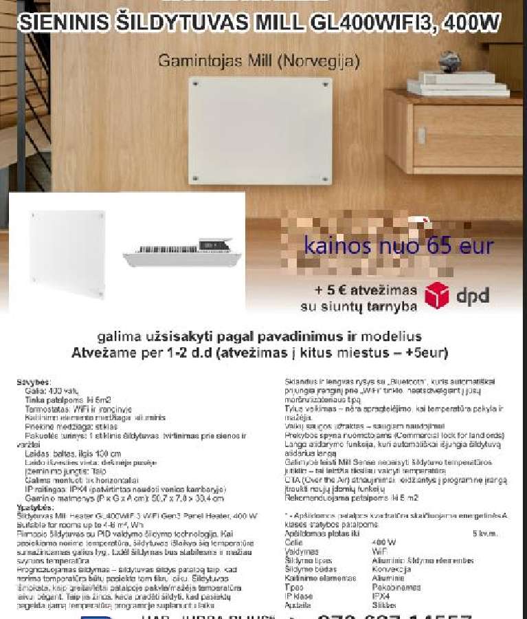 Sieninis šildytuvas Mill Glass WiFi