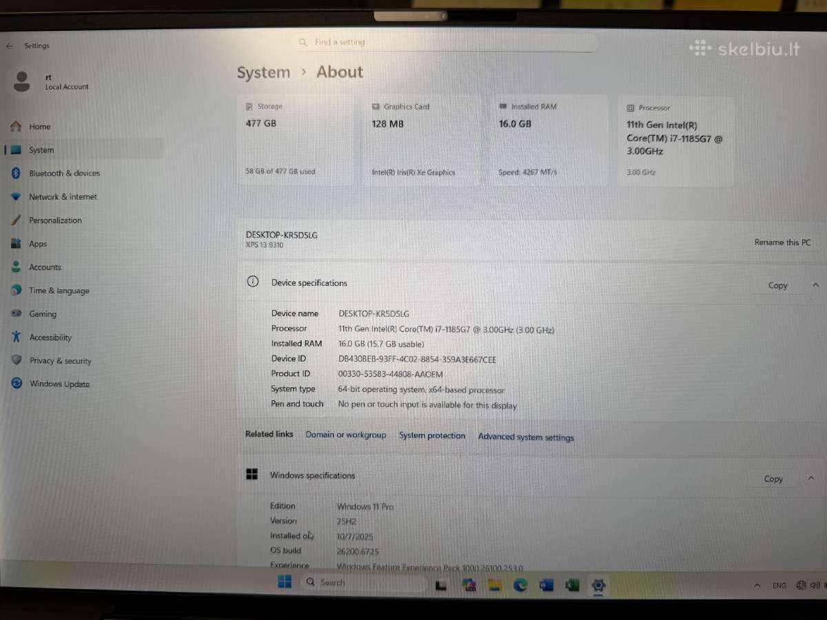Dell Xps 13 9310 11tg Gen i7-1185g7 3.00ghz - nuotraukos Nr. 7