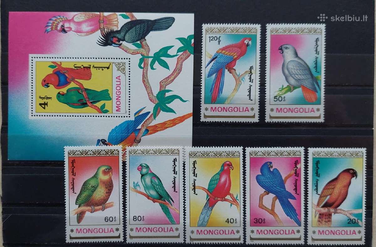Mongolija 1990 papūgos,švarūs Michel, block155, 21
