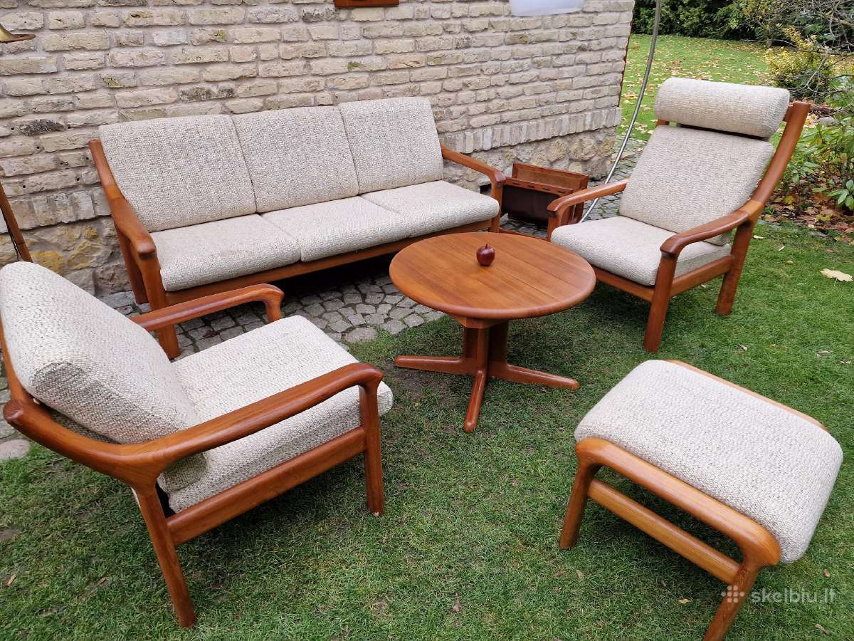 Vintažinė mid century tikmedžio sofa ir foteliai
