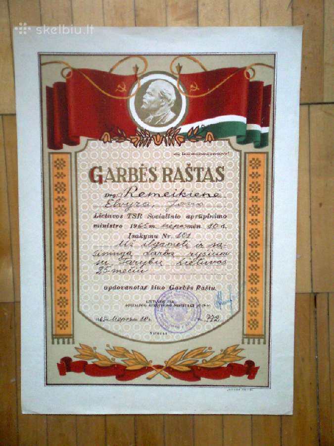 Lietuvos Tsr soc. aprupinimo garbes rastai 1960 m. - nuotraukos Nr. 3