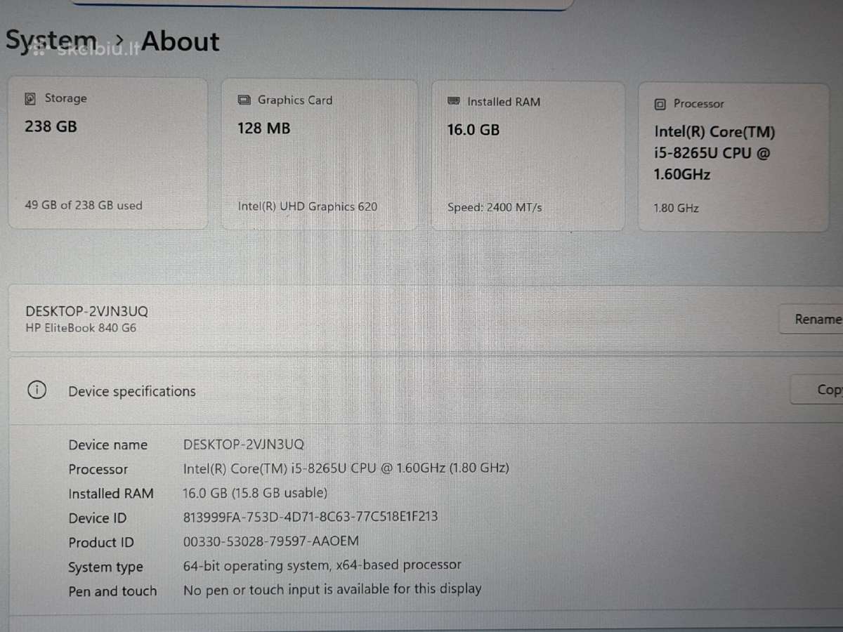 Hp Elitebook 840 G6 16gb/240gb + 3 mėn. garantija - nuotraukos Nr. 5