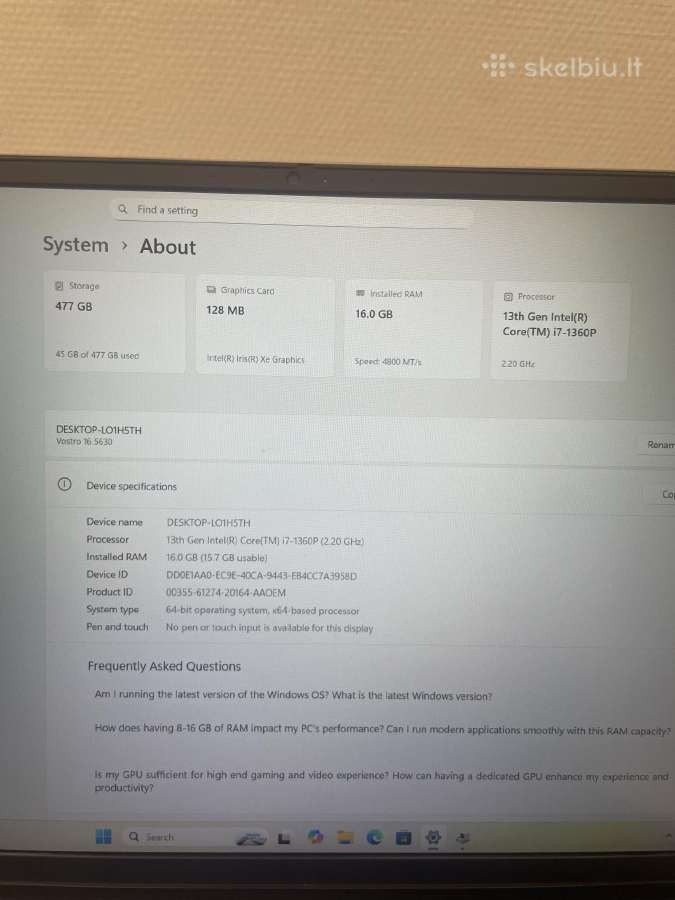 Dell Vostro 16 5630 i7-1360p 16 GB RAM 512 GB SSD - nuotraukos Nr. 7