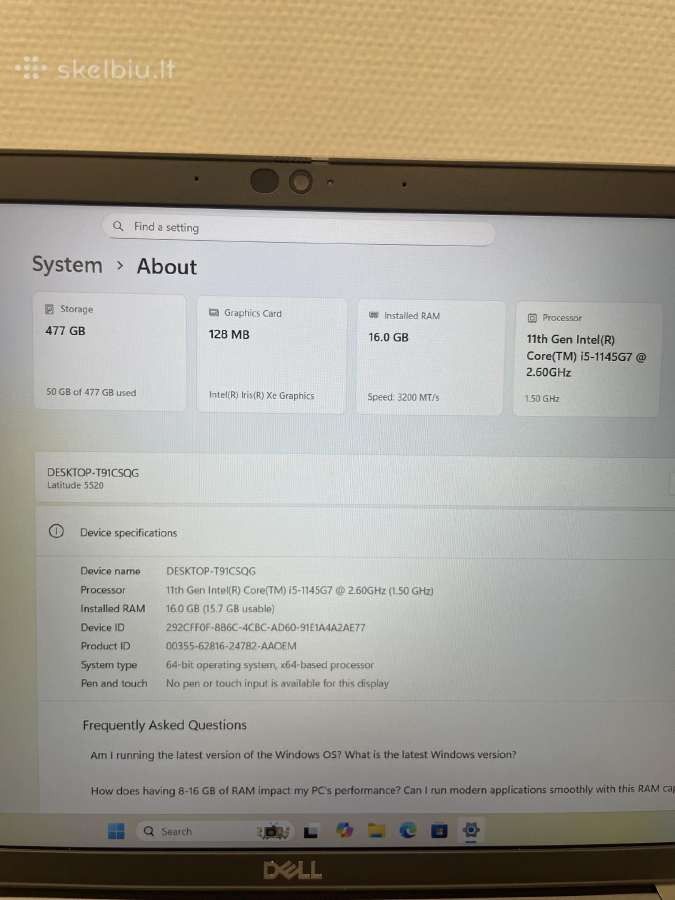 Dell Latitude 5520 i5-1145g7 16 GB RAM 512 GB SSD - nuotraukos Nr. 7