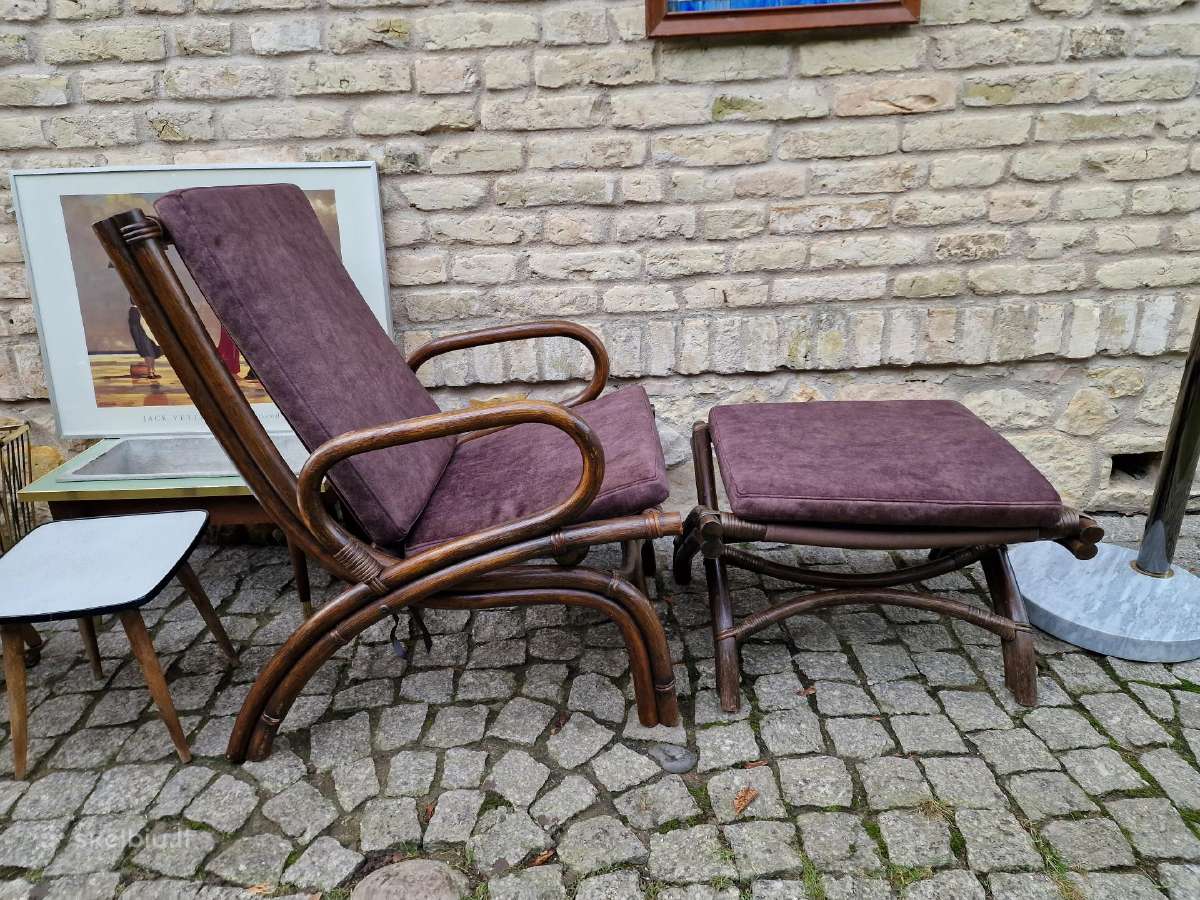 Vintažinis mid century ratango fotelis su pakoju - nuotraukos Nr. 4