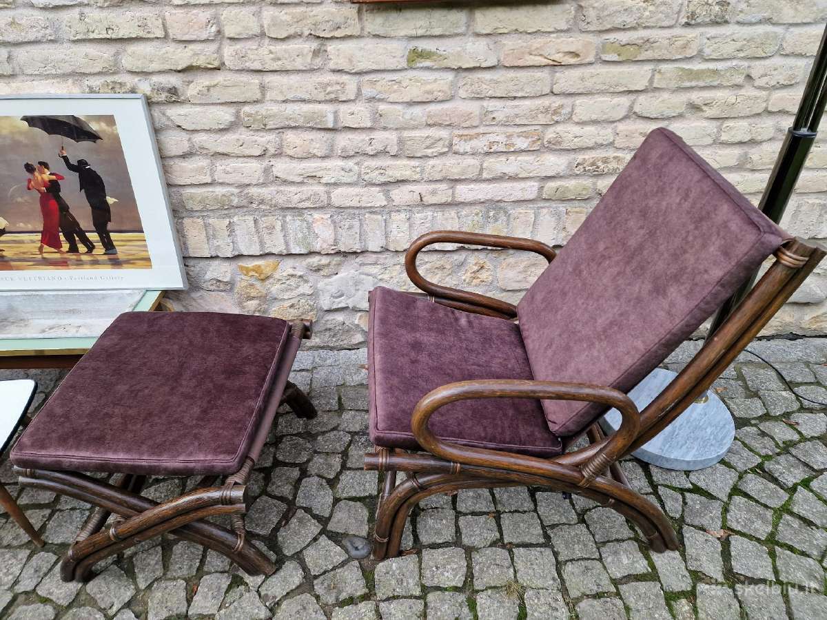 Vintažinis mid century ratango fotelis su pakoju - nuotraukos Nr. 10