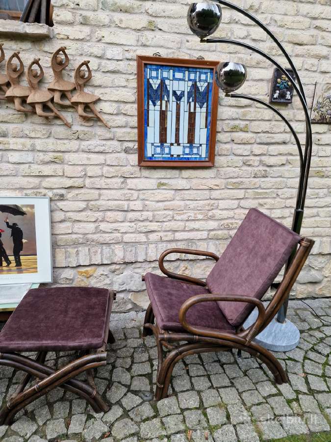 Vintažinis mid century ratango fotelis su pakoju - nuotraukos Nr. 12