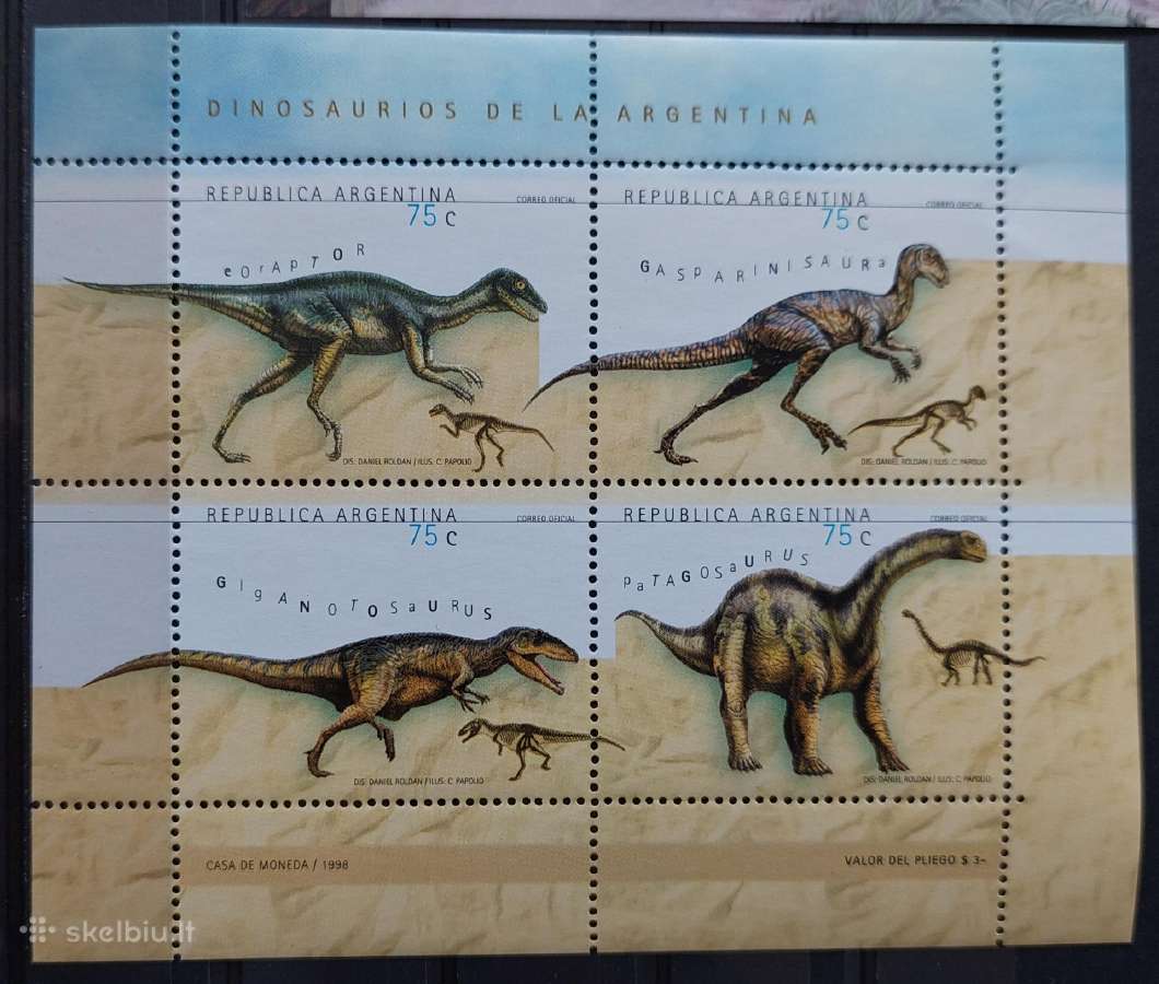 Argentina 1998 dinozaurai , švarūs,lapelis, Michel