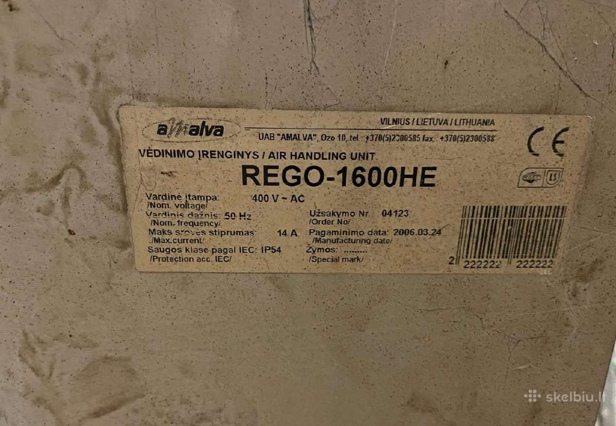 Parduodu rekuperatorių Amalva Rego 1600 He, 400 V. - nuotraukos Nr. 3
