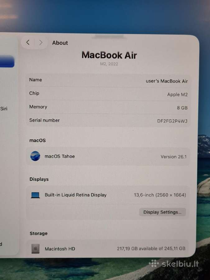 MacBook Air 13 2022 Apple M2 / 8gb / 256gb SSD - nuotraukos Nr. 7