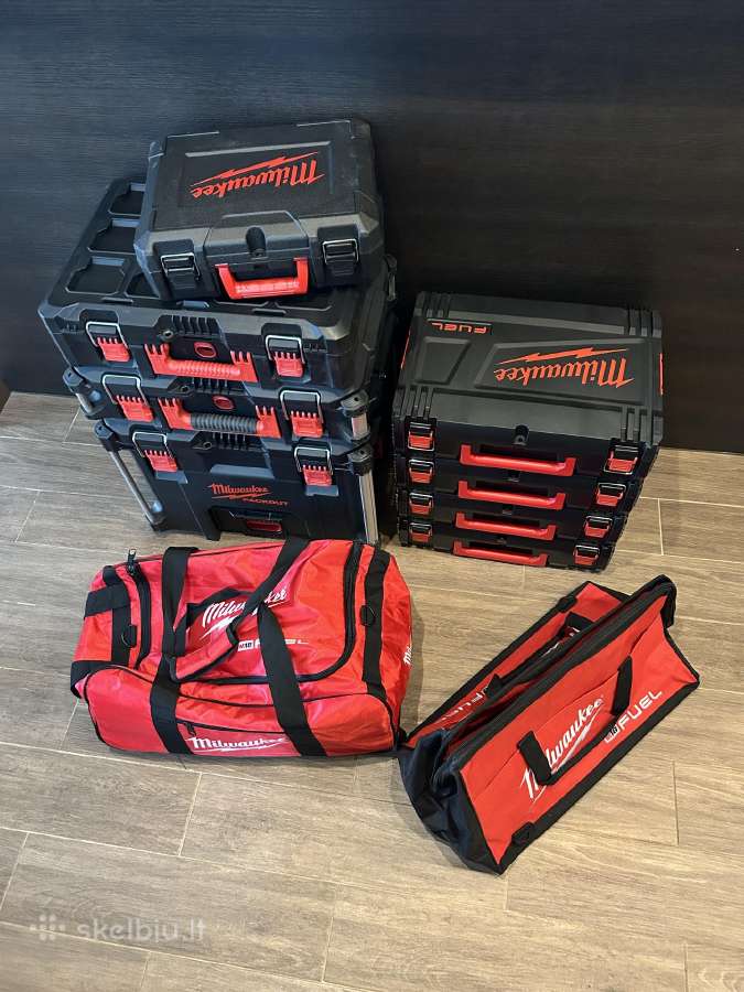 Nauji Milwaukee irankiai, dezes packout, dynacase