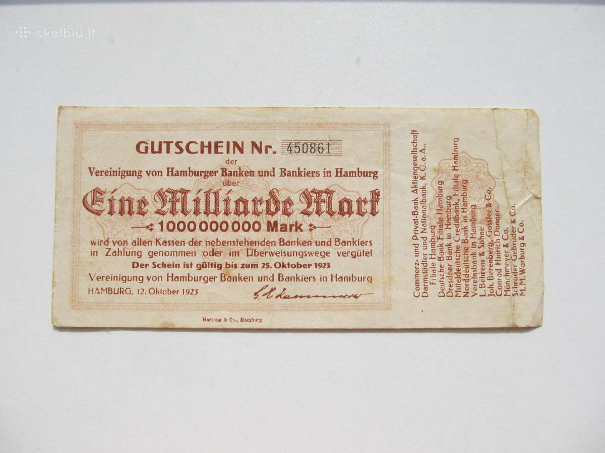 1 milijardas markiu , Hamburg Vokietija , 1923