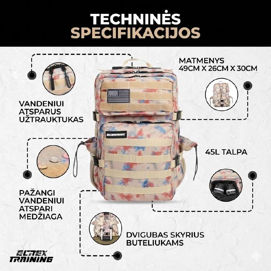 45l Taktinė Kuprinė Elitrainx (Atspari vandeniui) - nuotraukos Nr. 4