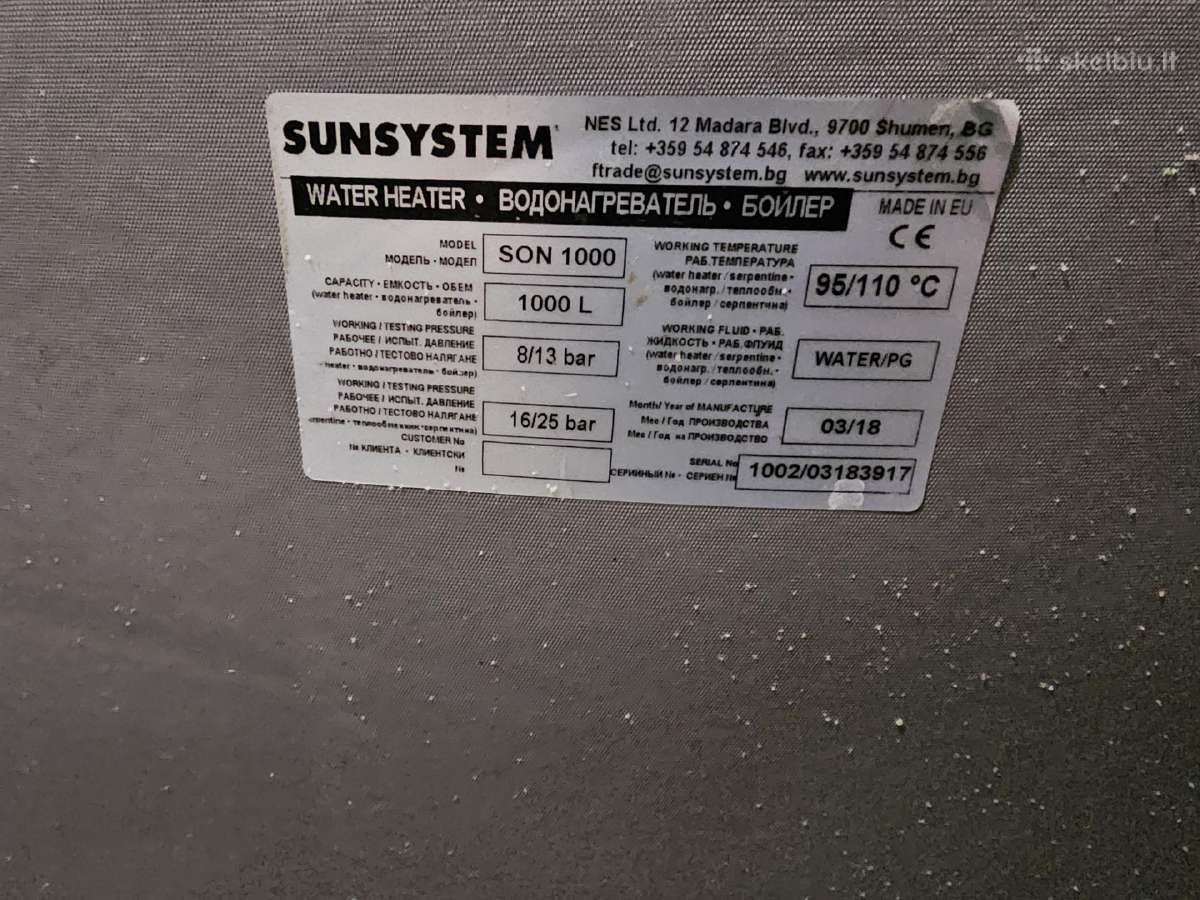 1000l Sunsystem emaliuotas vandens šildytuvas