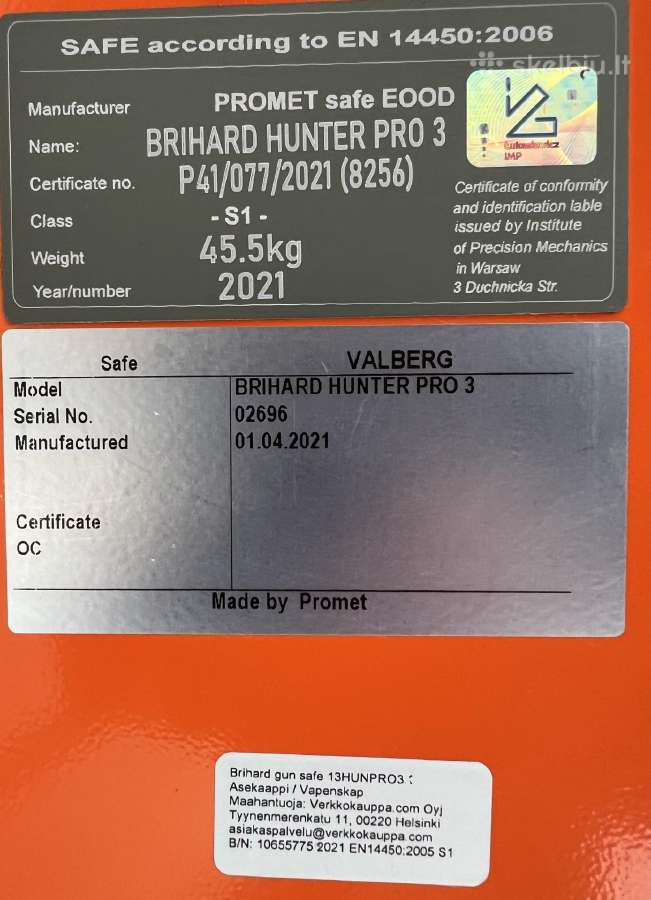 Parduodamas seifas ginklams Brihard Pro3