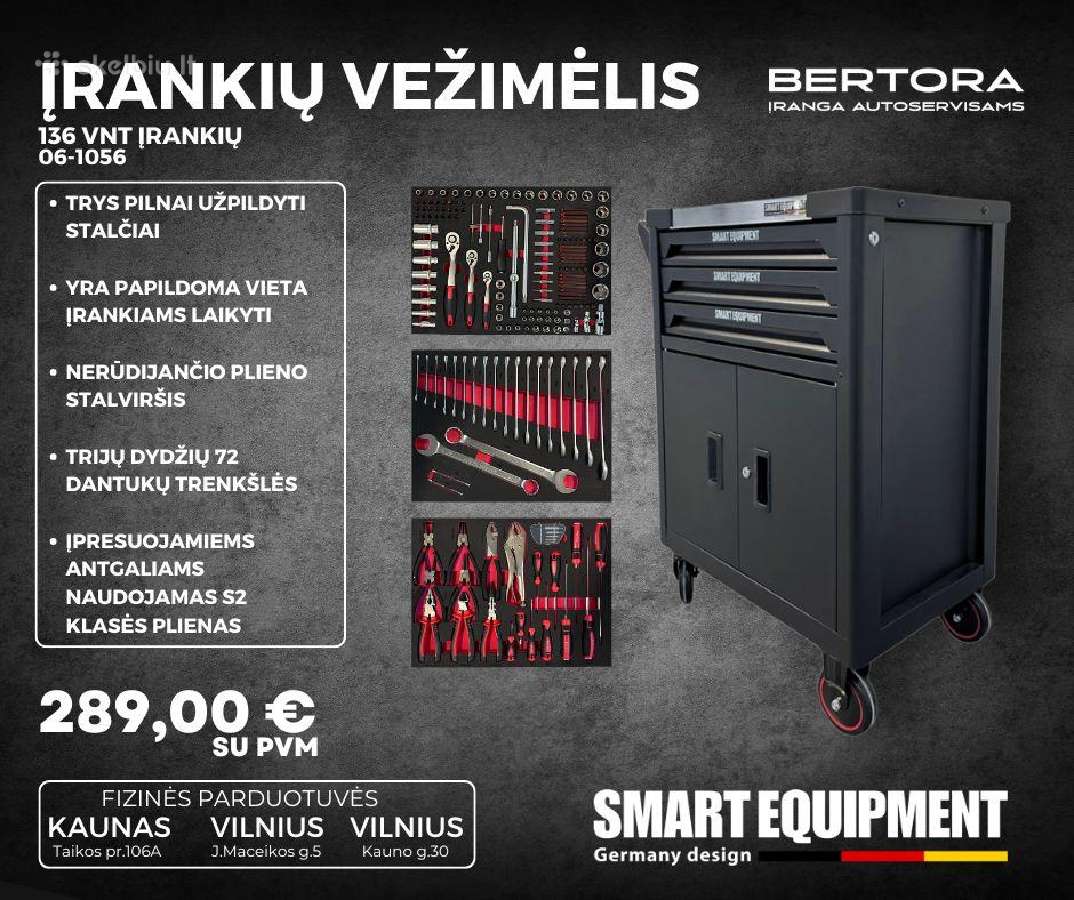 Įrankių Vežimėlis 3 stalčių 136 vnt įrankių