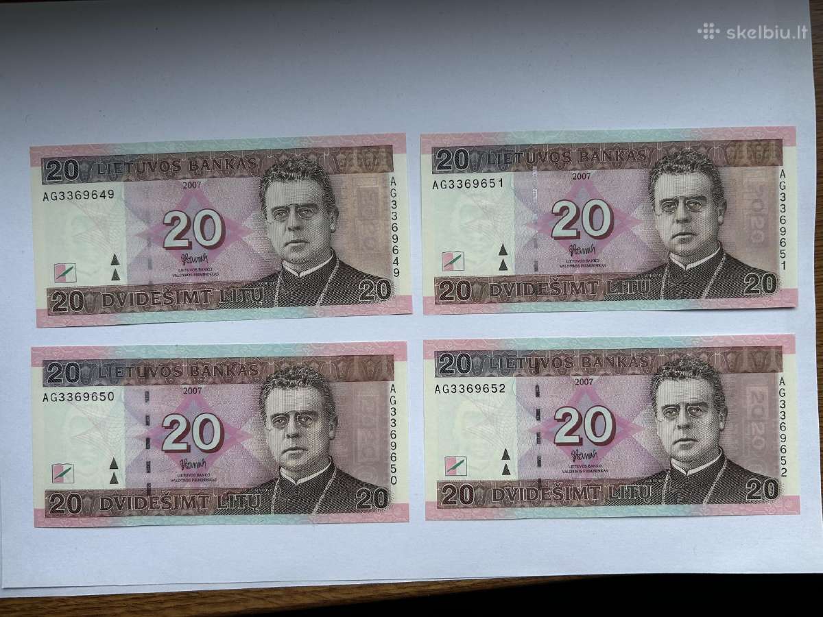 Keturi 20 Litų banknotai 2007 m. Unc