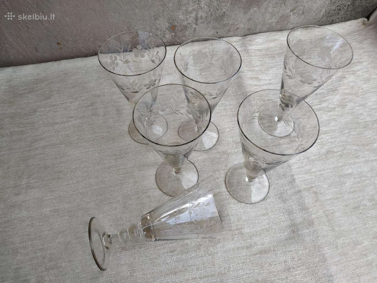 6 Vnt Vintage krištolinio stiklo graviruotos taur - nuotraukos Nr. 2