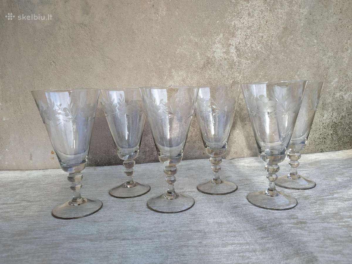 6 Vnt Vintage krištolinio stiklo graviruotos taur - nuotraukos Nr. 5