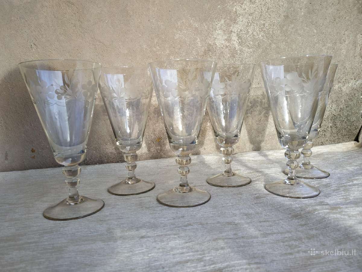6 Vnt Vintage krištolinio stiklo graviruotos taur - nuotraukos Nr. 6