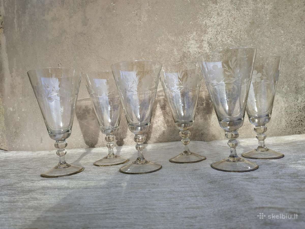 6 Vnt Vintage krištolinio stiklo graviruotos taur - nuotraukos Nr. 7