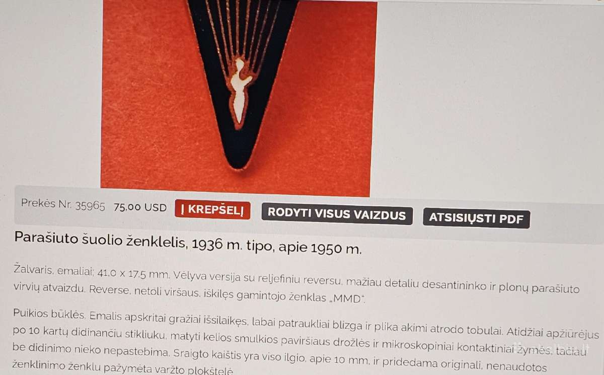 Parašiutisto ženklelis. ( 1936m. tipo) - nuotraukos Nr. 3