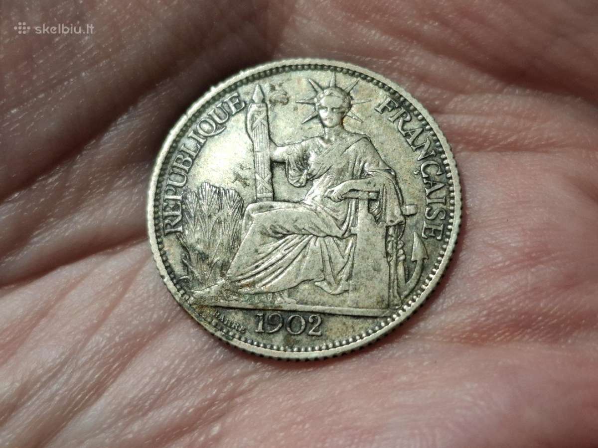 Indokinija 20 sentimų 1902 sidabras - nuotraukos Nr. 2