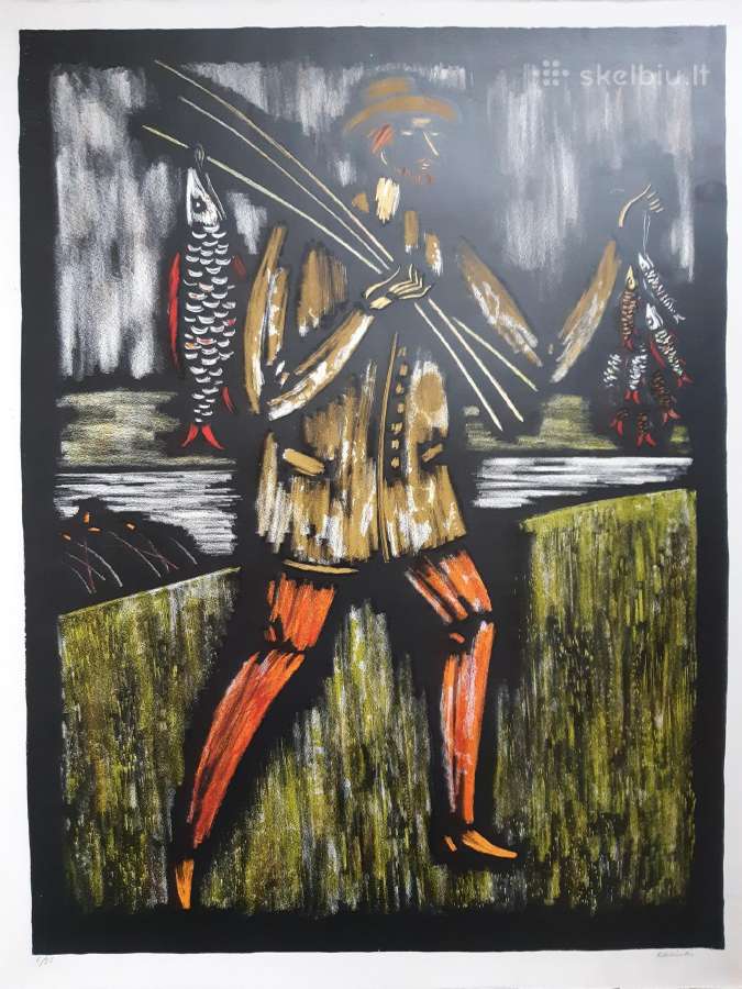 Kasiulis , litografija , žvejys