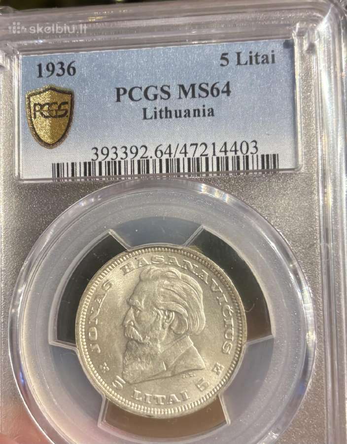 1936 5 litai basanavičius sertifikuota Ms64