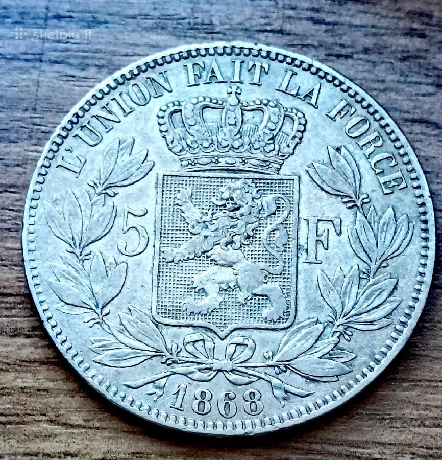 5 Belgijos frankai 1868 m. sidabras