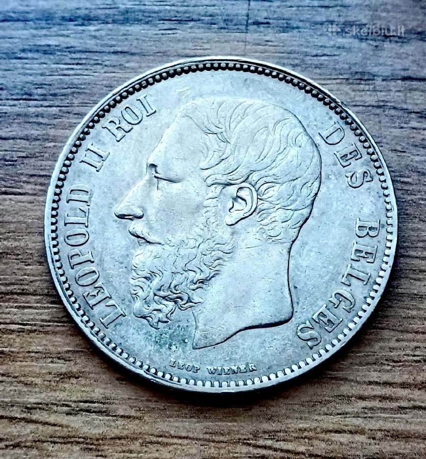 5 Belgijos frankai 1868 m. sidabras - nuotraukos Nr. 2