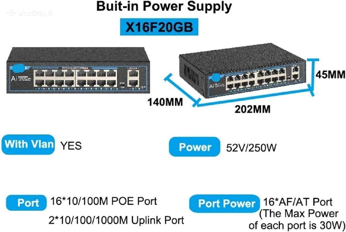 Poe Switch 16 + 2 ports fanless 250w - nuotraukos Nr. 2