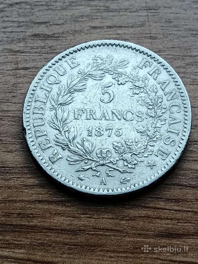 1875 m. Prancūzijos 5 frankų sidabrinė moneta.