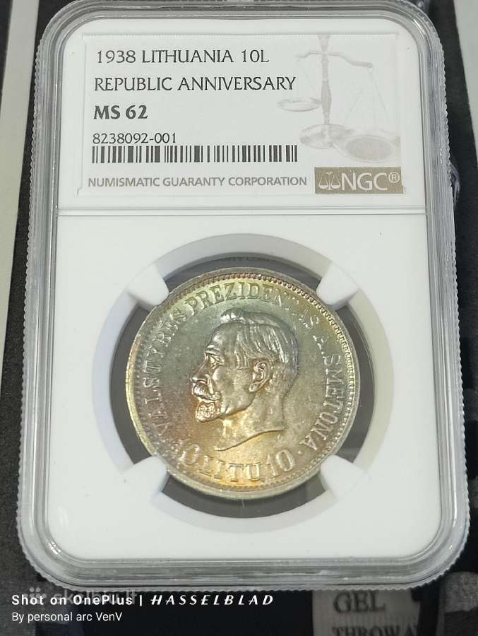 10 litų 1938 Ngc Ms62 vaivorykštės patina