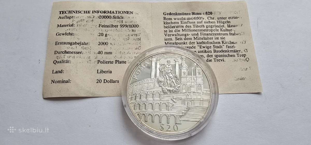 Liberija 2000 20 doleriu Roma Unc 999 sidabras