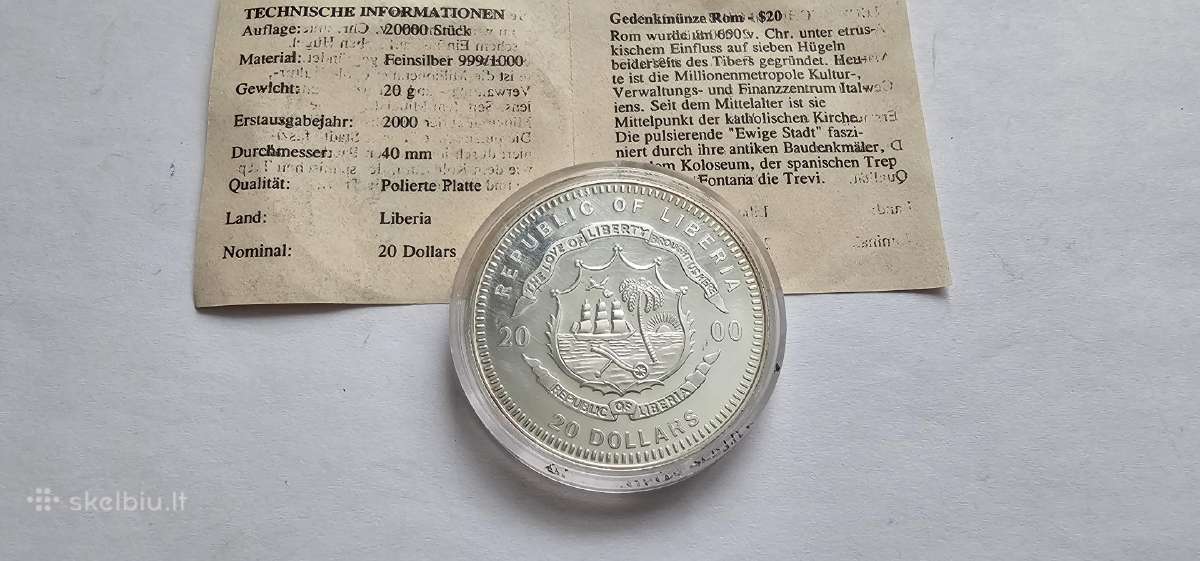Liberija 2000 20 doleriu Roma Unc 999 sidabras - nuotraukos Nr. 2