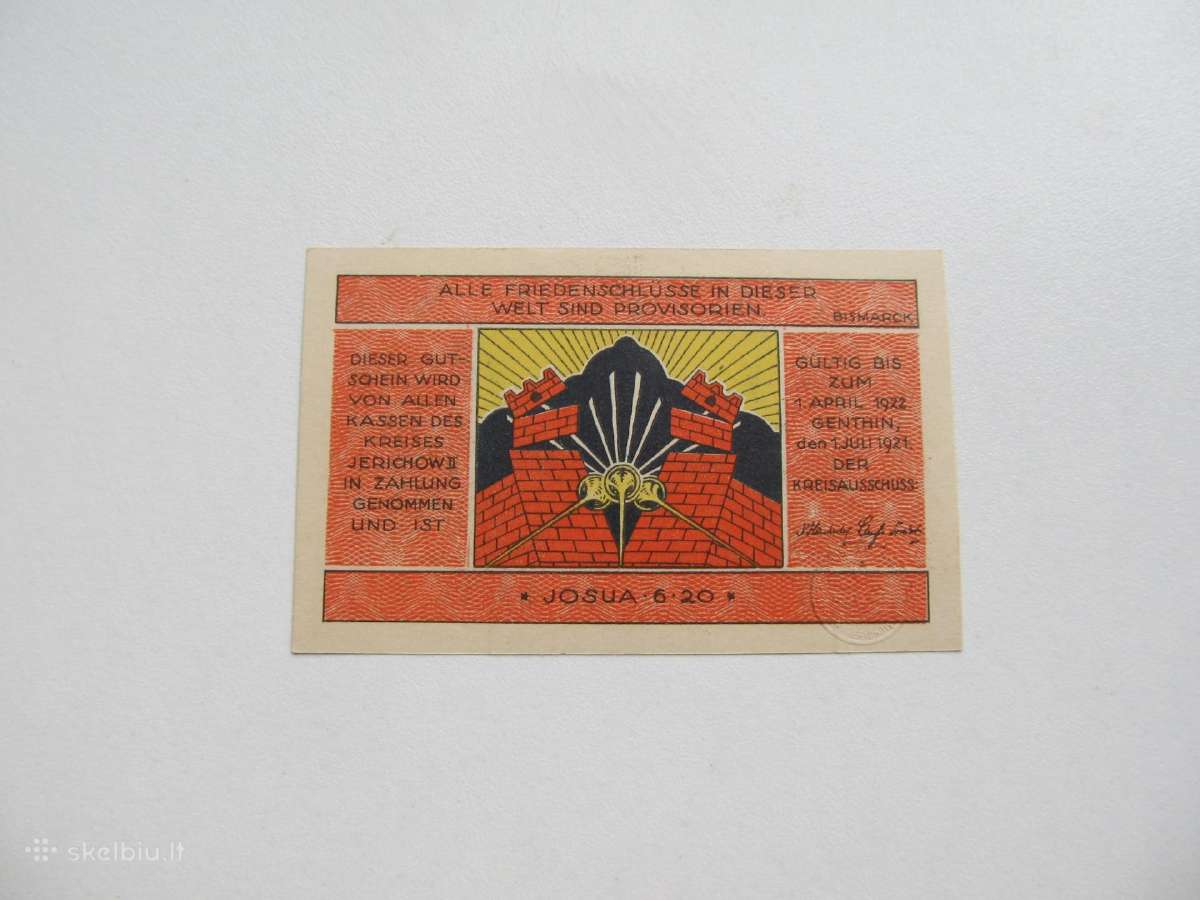 Notgeldas 50 pfenig , Jerichow II Vokietija , 1921