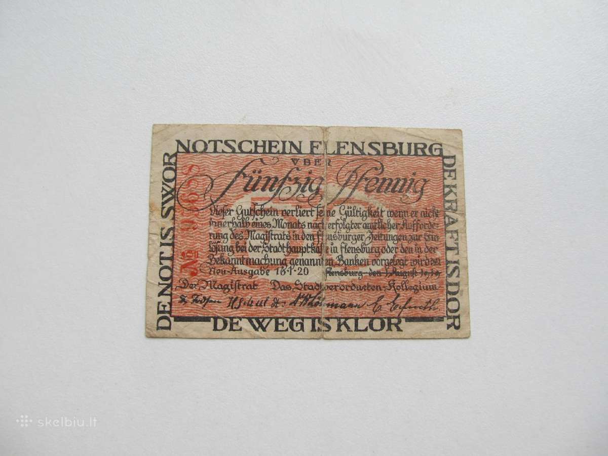 Notgeldas 50 pfenig , Flensburg Vokietija , 1920