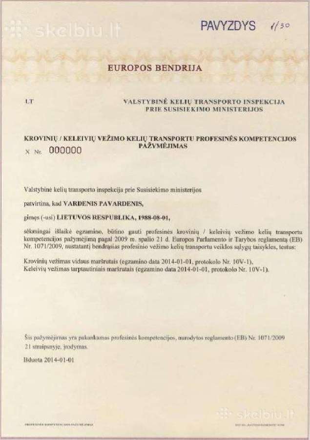Transporto vadybininko kompetencijos pažymėjimas.