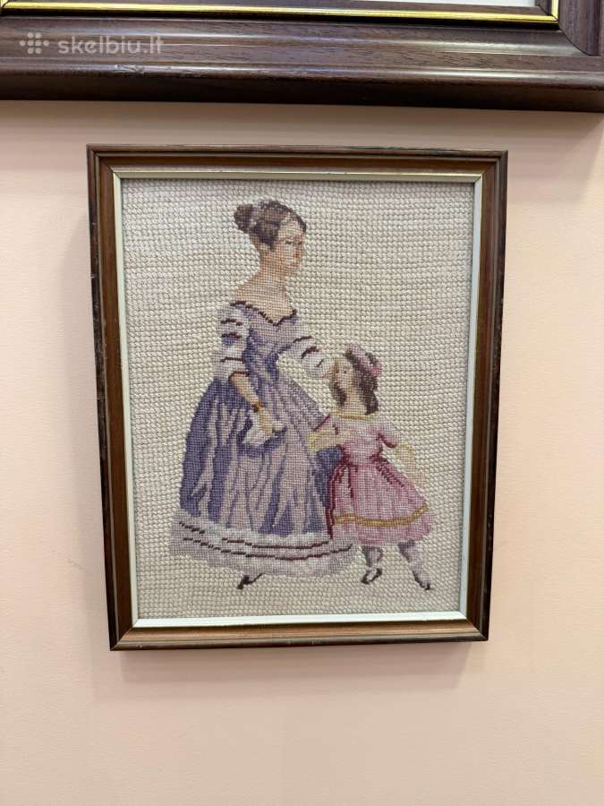 Vintage siuvinėtas paveikslas su rėmu